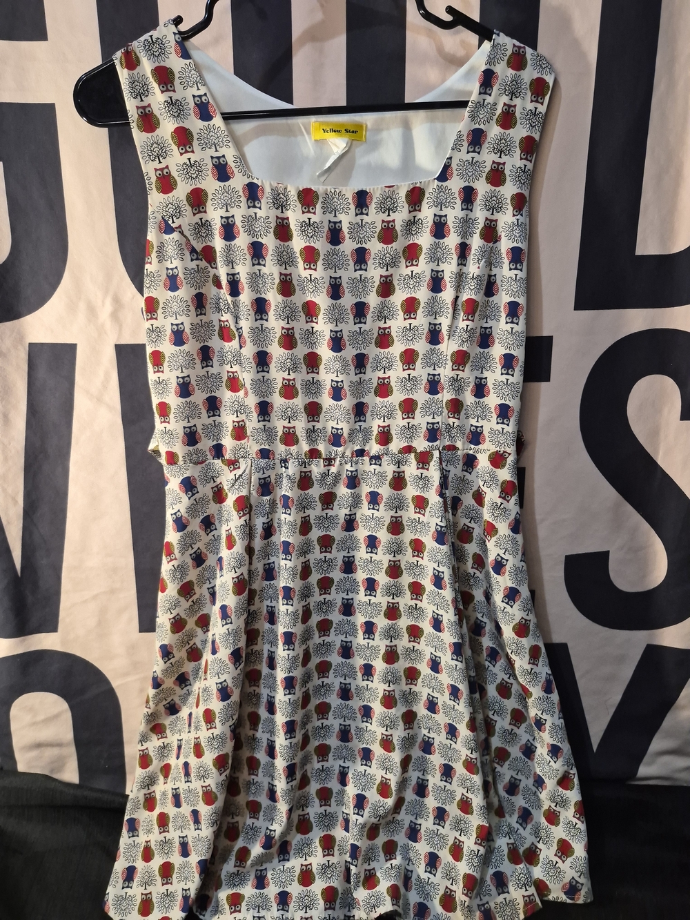 Yellow Star Cream Sleeveless Casual Dress with Red & Blue Owl Print